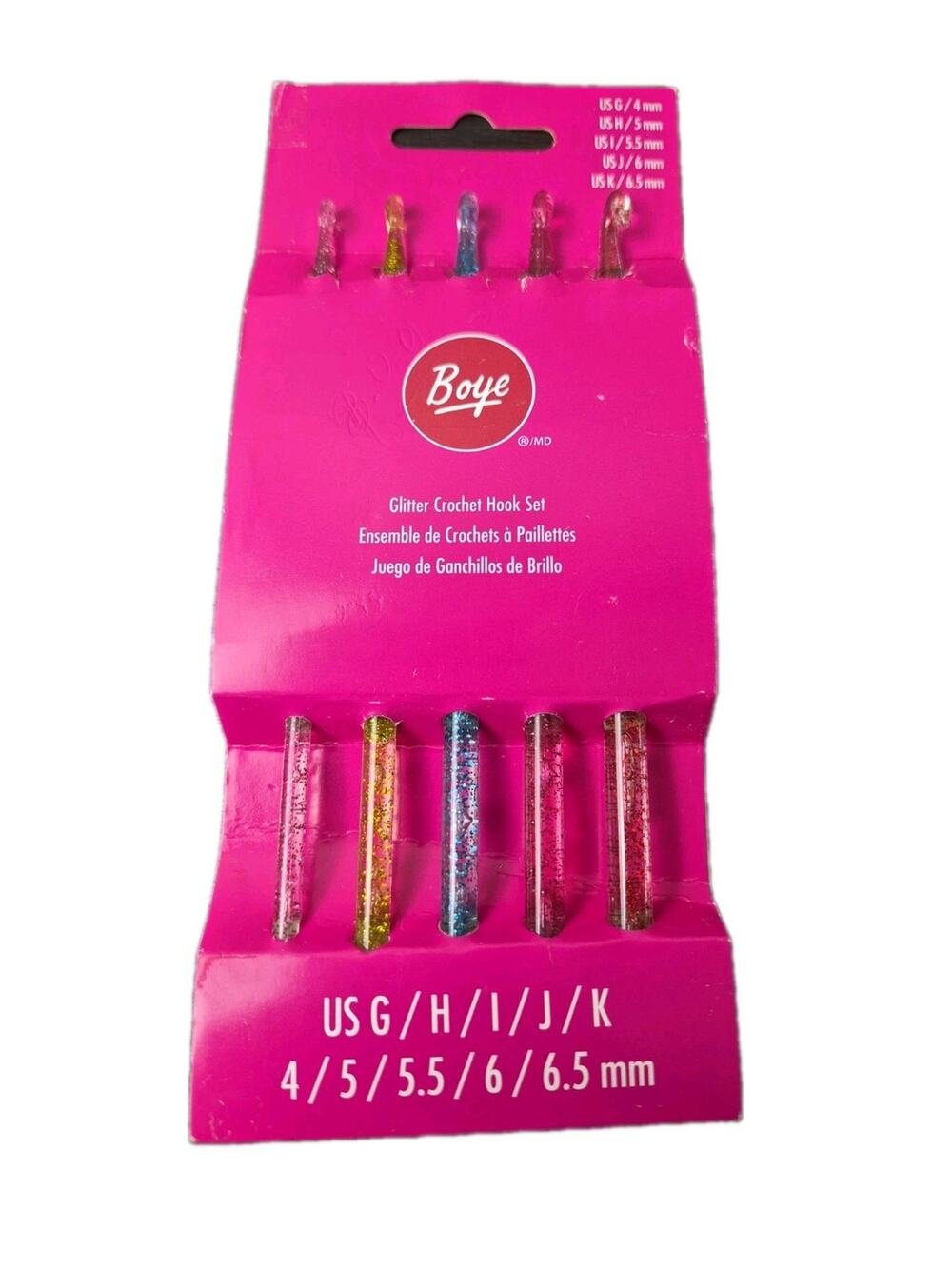Boye Glitter Crochet Hook Set US G / H / I / J / K Sz 4 / 5 / 5.5 / 6 / 6.5 mm